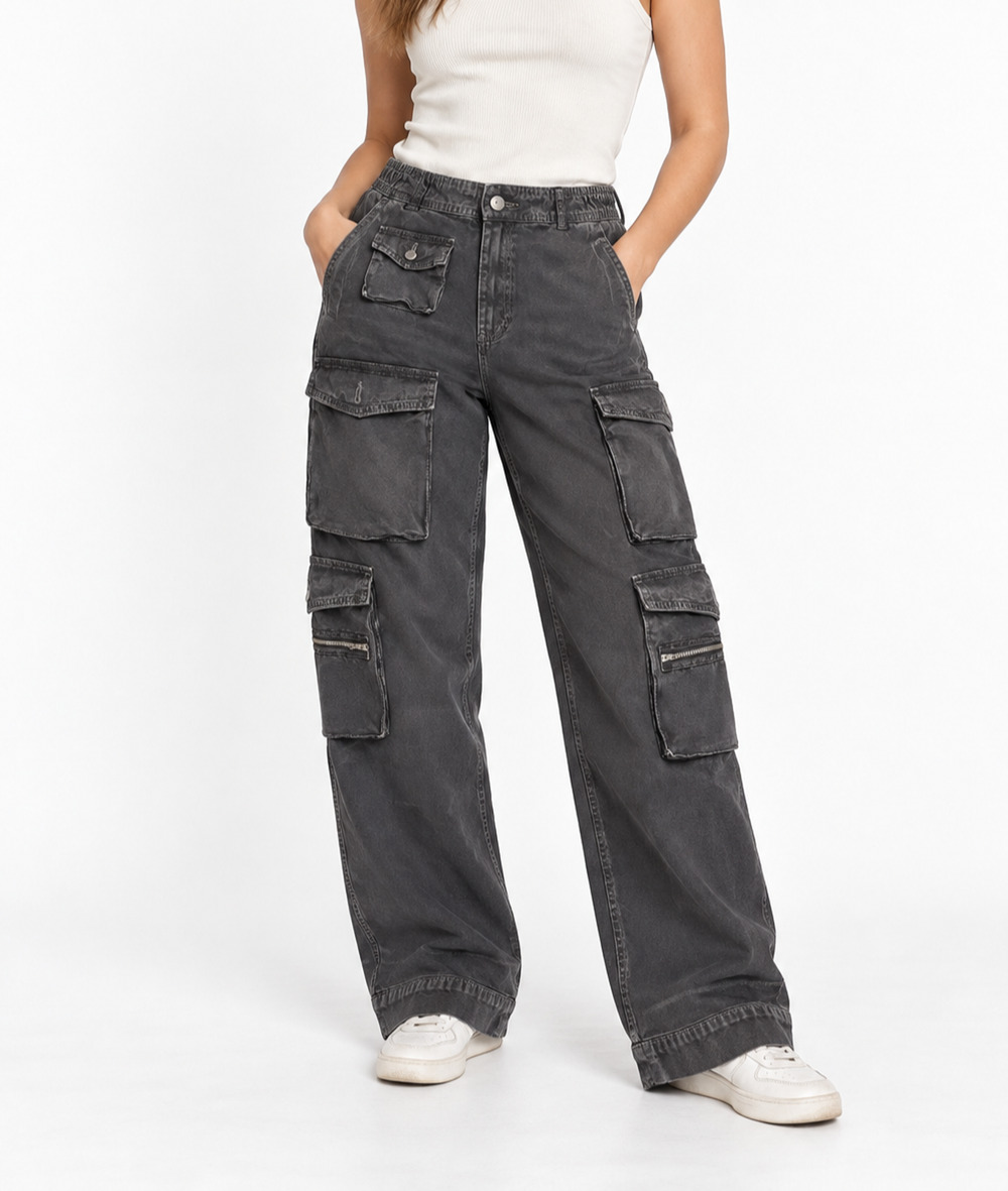 Zara Womens L Charcoal Gray Cotton Cargo Pants Wide leg Multi Pocket Y2K Utility